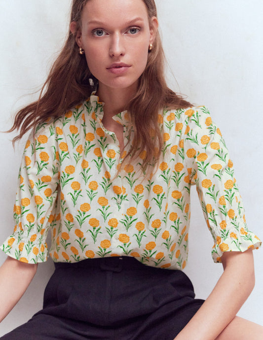 Heather Smocked Sleeve Top-Marigold, Carnation Stems