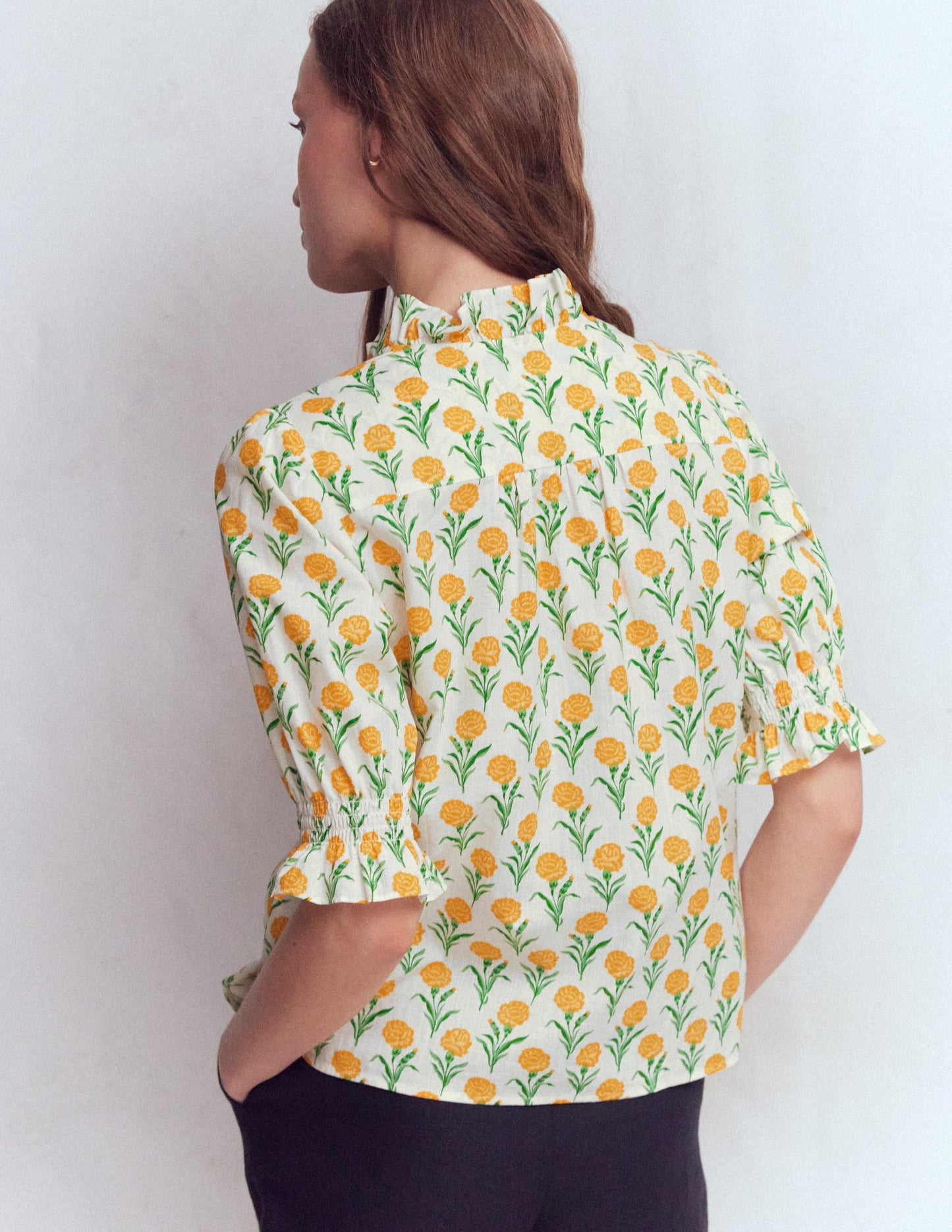 Heather Smocked Sleeve Top-Marigold, Carnation Stems