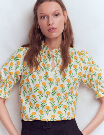 Heather Smocked Sleeve Top-Marigold, Carnation Stems