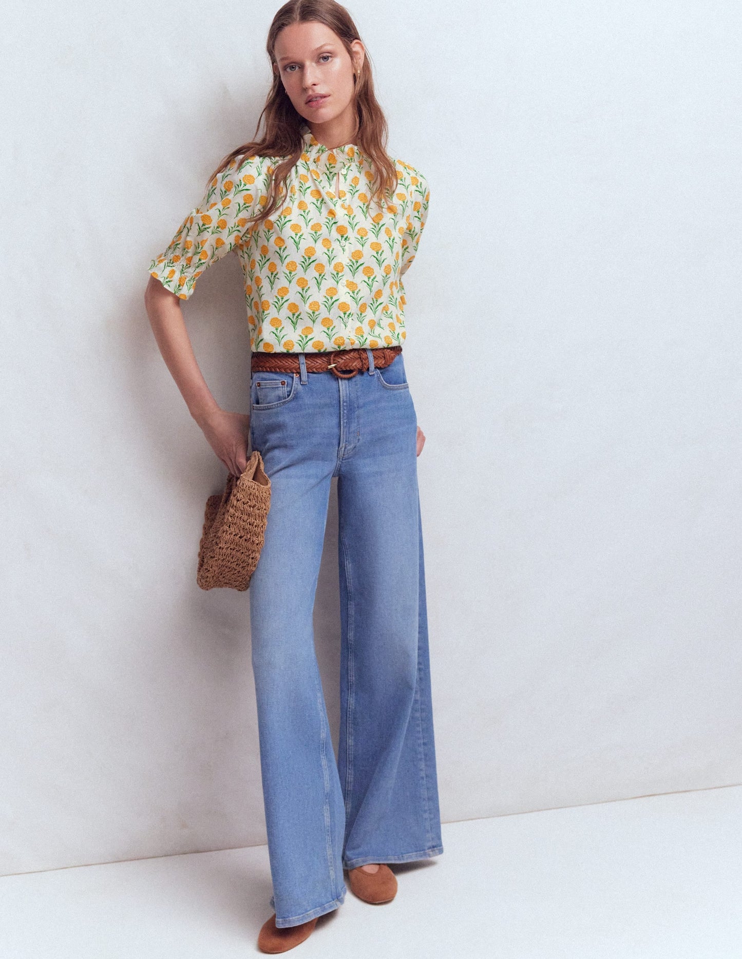 Heather Smocked Sleeve Top-Marigold, Carnation Stems
