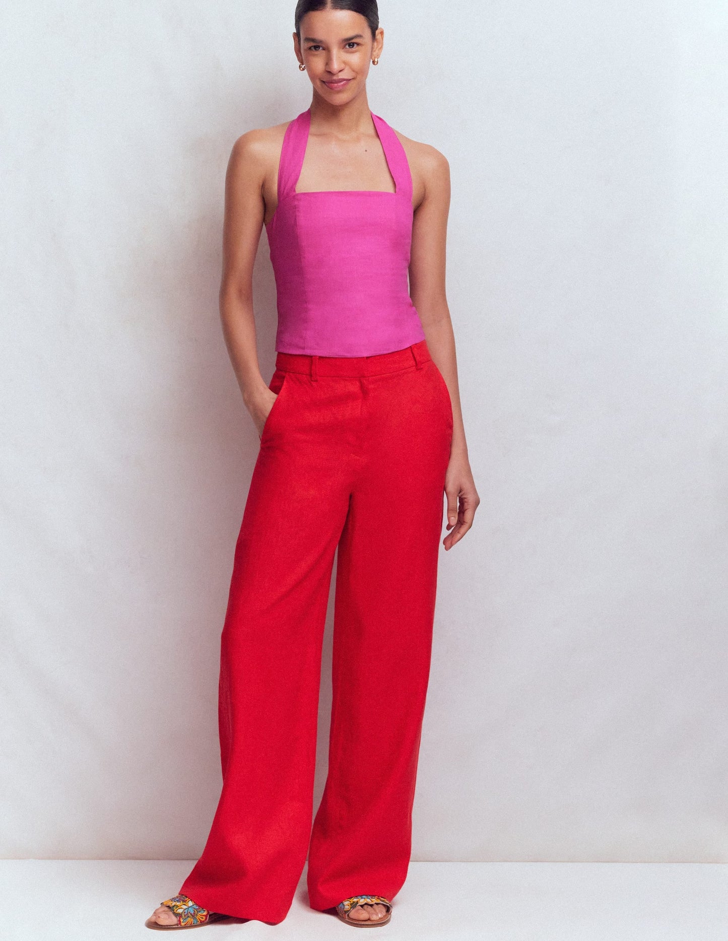 Halterneck Linen Top-Bright Pink