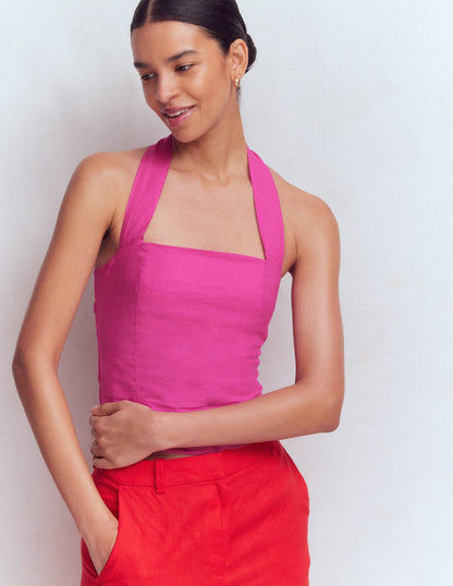 Halterneck Linen Top-Bright Pink