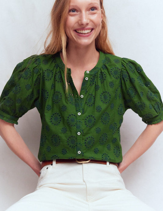 Camille Embroidered Cotton Top-Promenade Green Broderie