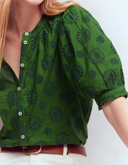 Camille Embroidered Cotton Top-Promenade Green Broderie
