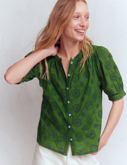Camille Embroidered Cotton Top-Promenade Green Broderie