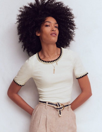 Maddie Trim Detail T-Shirt-Ivory with Black