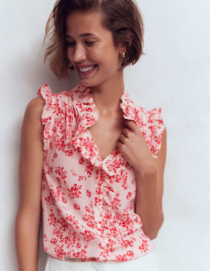 Isabel Sleeveless Silk Top-Pink, Bloom Scatter Mono