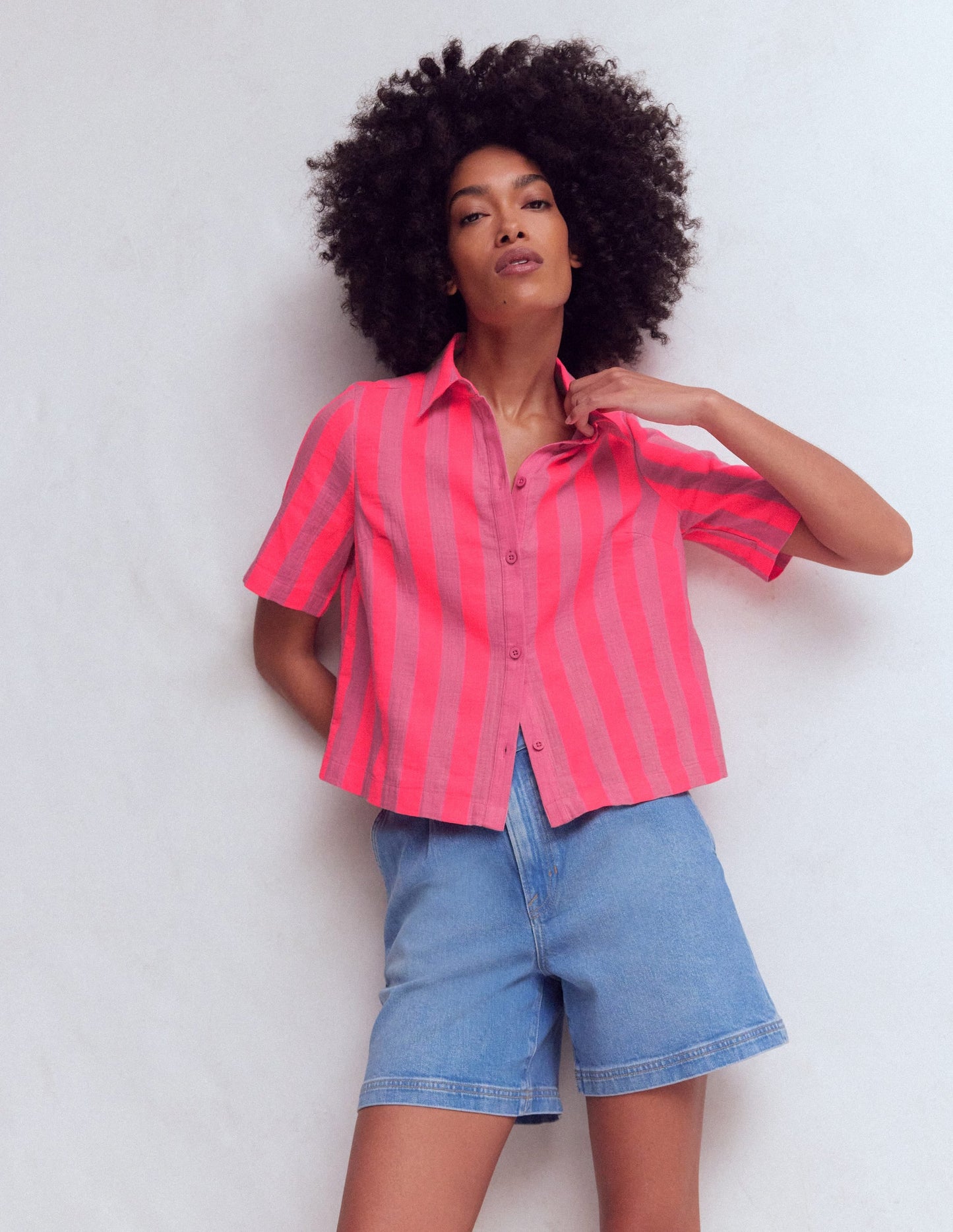 Double Cloth Shirt-Pink, Neon Coral Mid Stripe