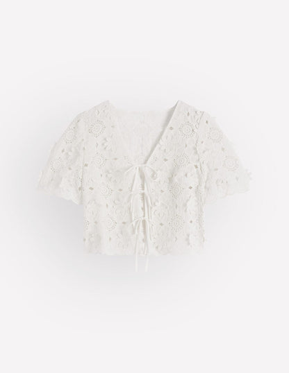 Tie Front Lace Top-White