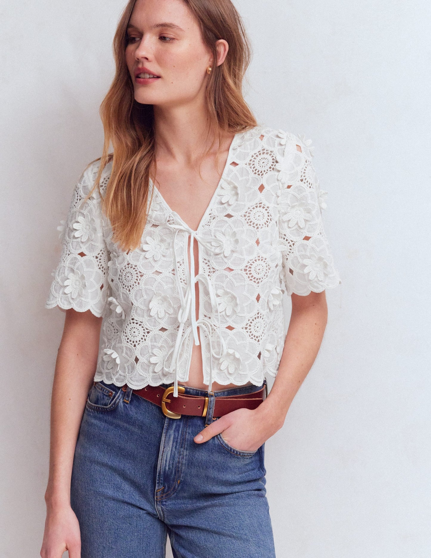 Tie Front Lace Top-White