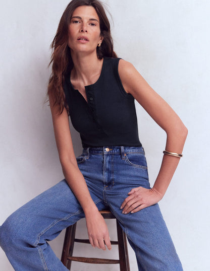 Crew Neck Henley Tank-Navy