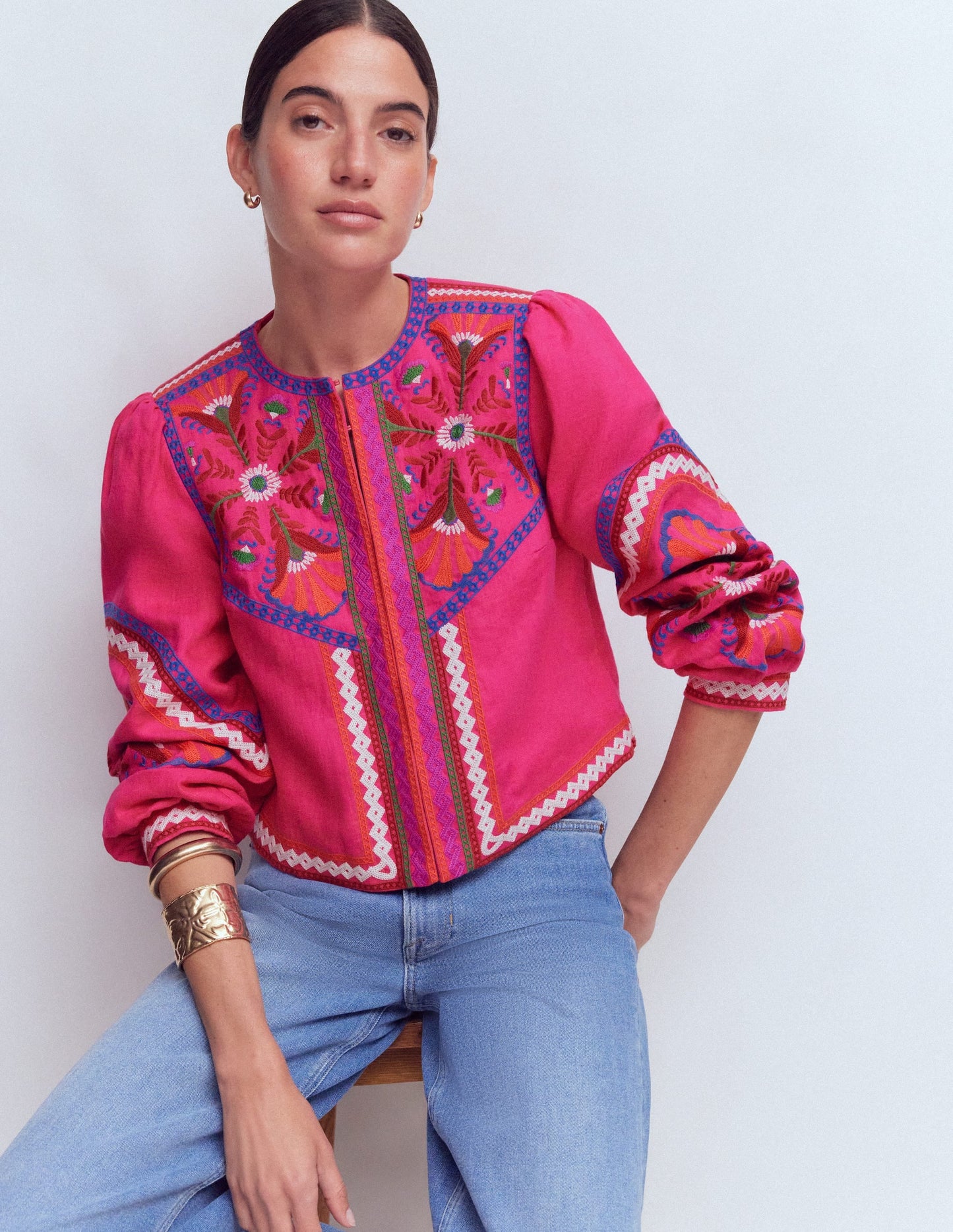 Embroidered Linen Jacket-Pink Peony, Embroidered