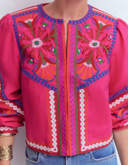 Embroidered Linen Jacket-Pink Peony, Embroidered