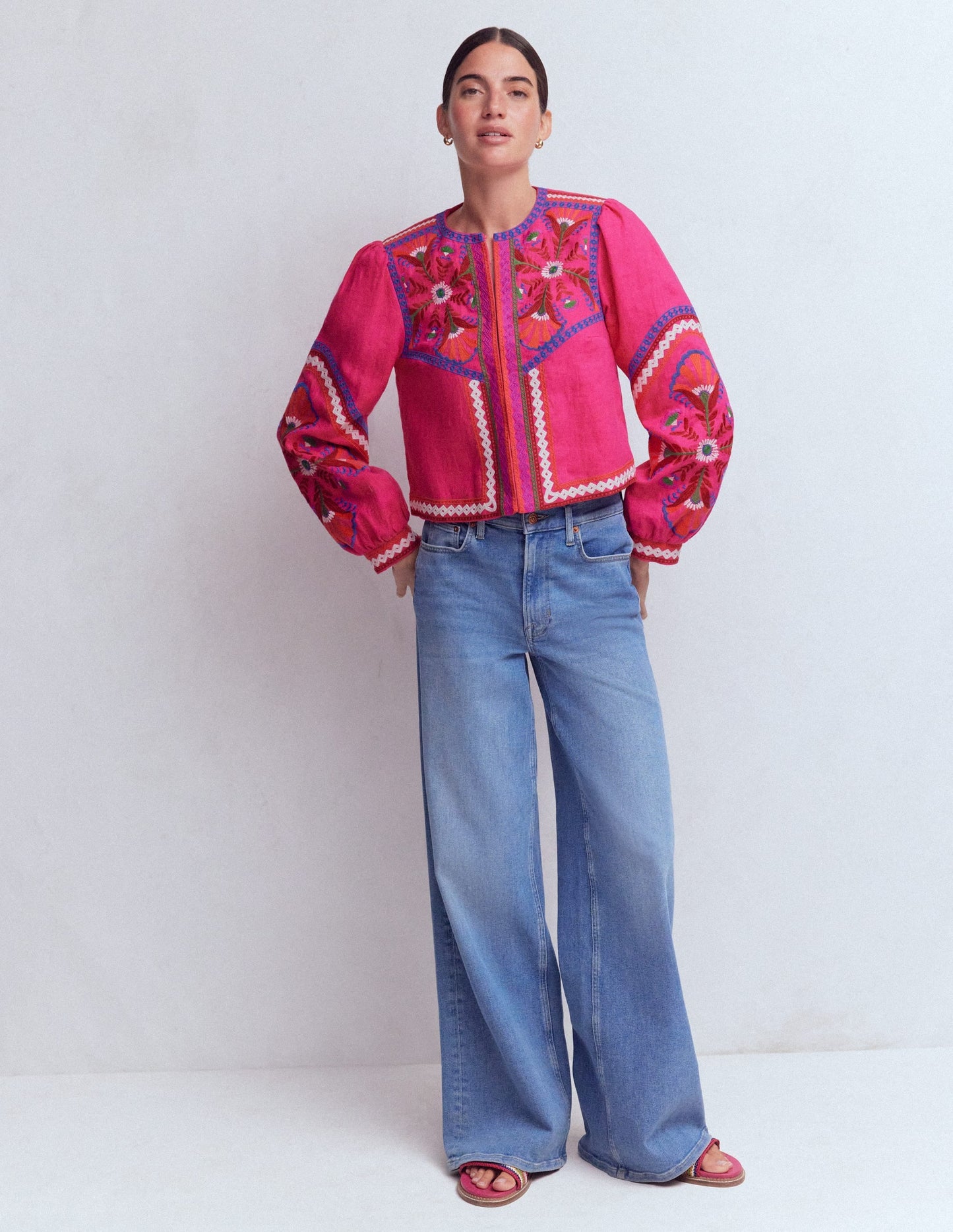 Embroidered Linen Jacket-Pink Peony, Embroidered