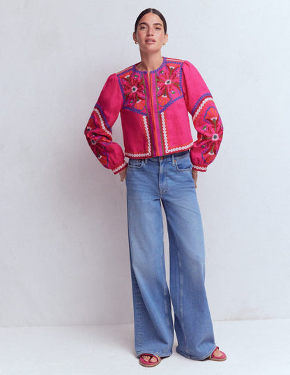 Embroidered Linen Jacket-Pink Peony, Embroidered
