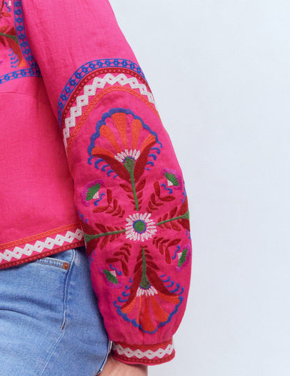 Embroidered Linen Jacket-Pink Peony, Embroidered