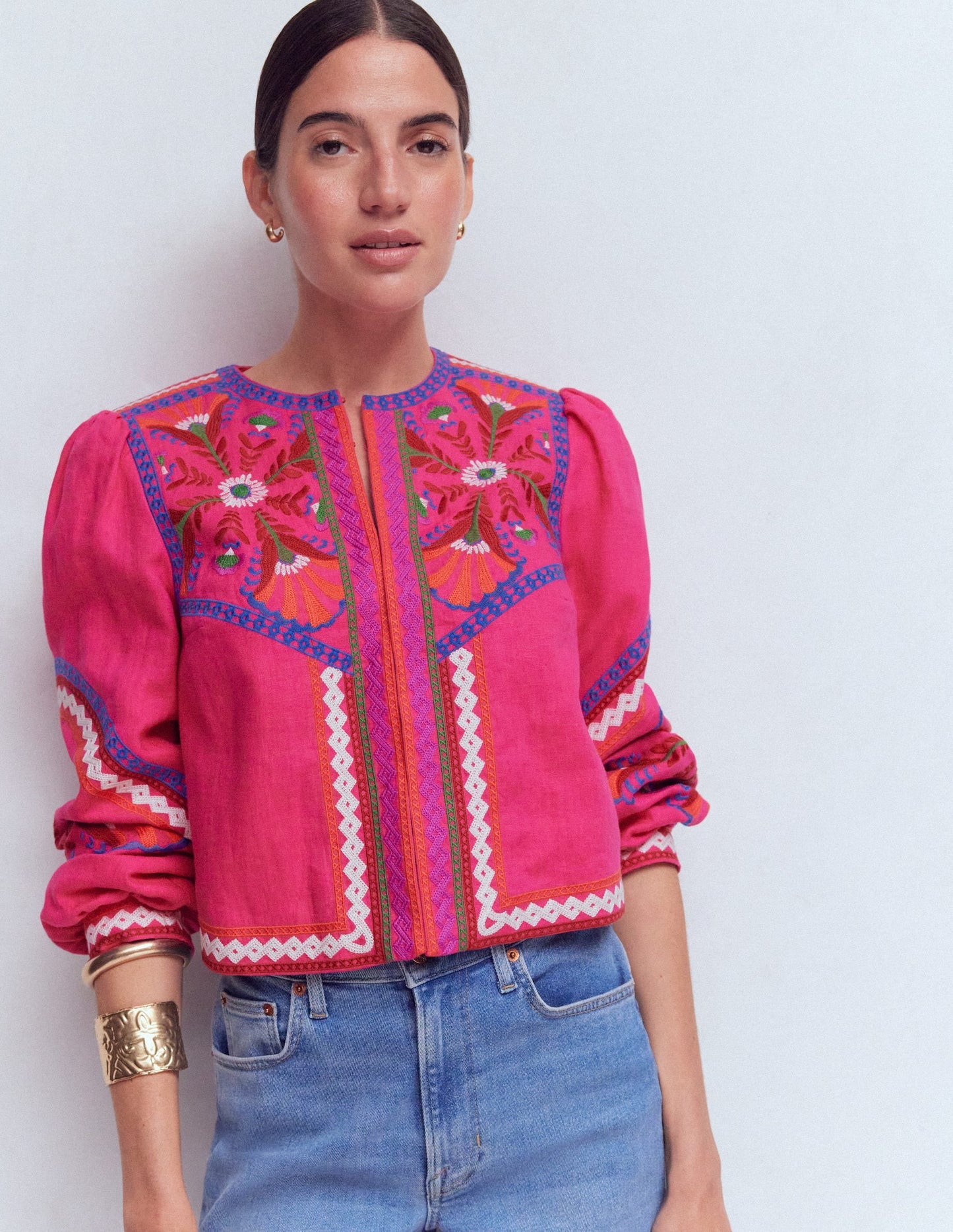 Embroidered Linen Jacket-Pink Peony, Embroidered