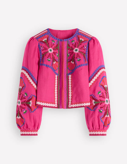 Embroidered Linen Jacket-Pink Peony, Embroidered