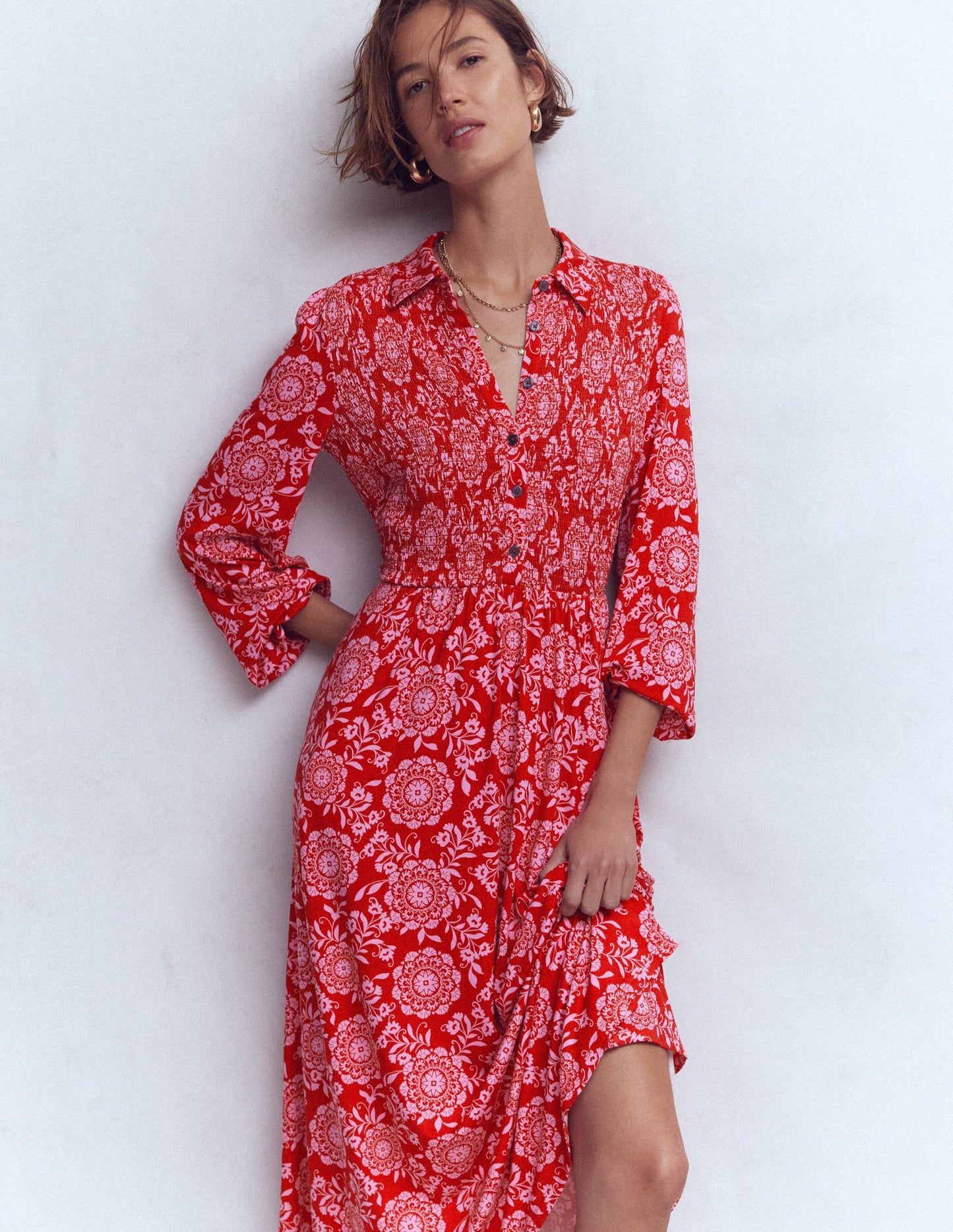 Camilla Smocked Jersey Dress-Merida Red, Decorative Blossom