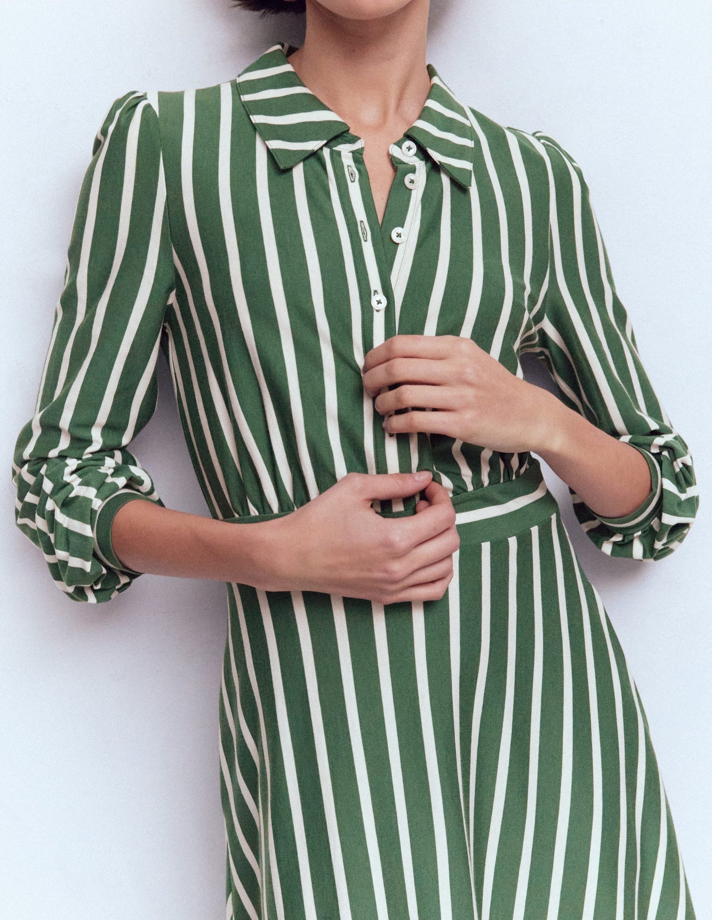 Orla Short Jersey Shirt Dress-Hunter Green and Ivory Stripe