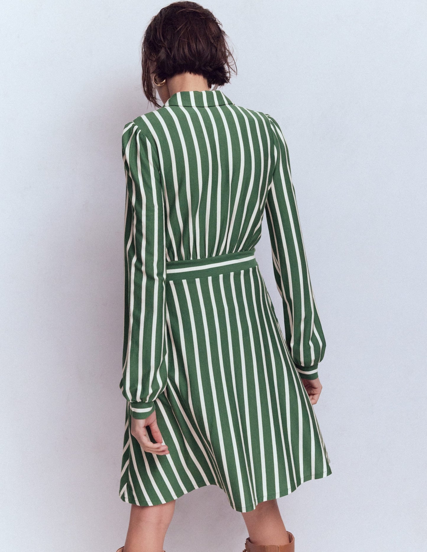 Orla Short Jersey Shirt Dress-Hunter Green and Ivory Stripe