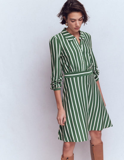 Orla Short Jersey Shirt Dress-Hunter Green and Ivory Stripe