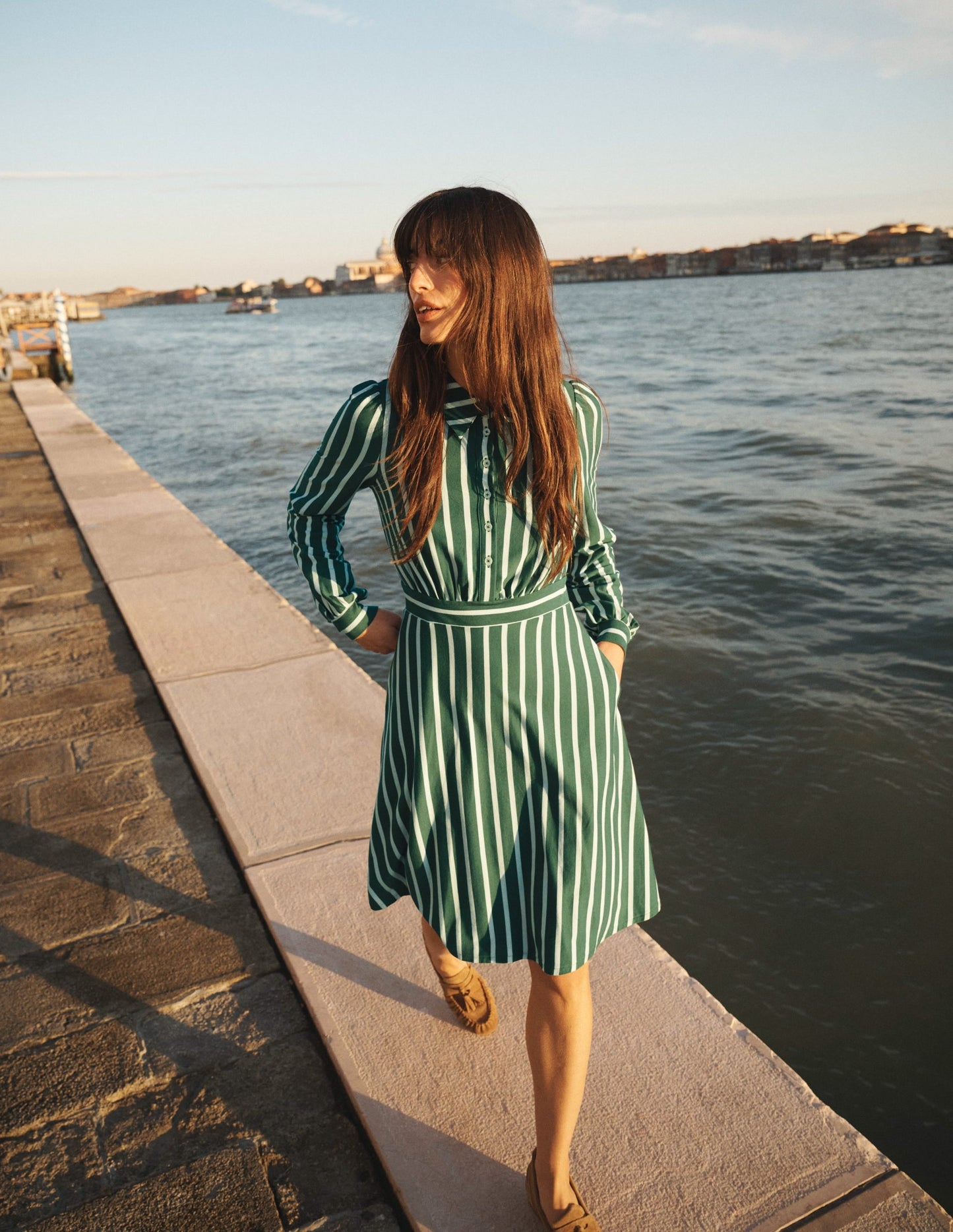 Orla Short Jersey Shirt Dress-Hunter Green and Ivory Stripe
