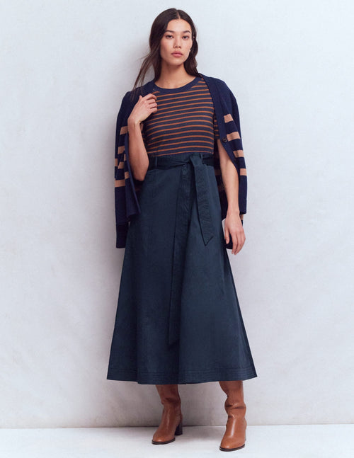 Crew Neck Mix Media Dress-Navy and Gingerbread Stripe