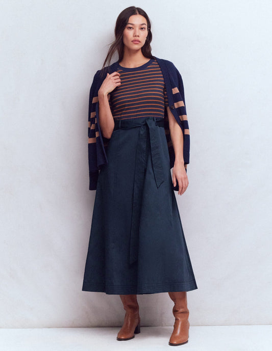 Crew Neck Mix Media Dress-Navy and Gingerbread Stripe