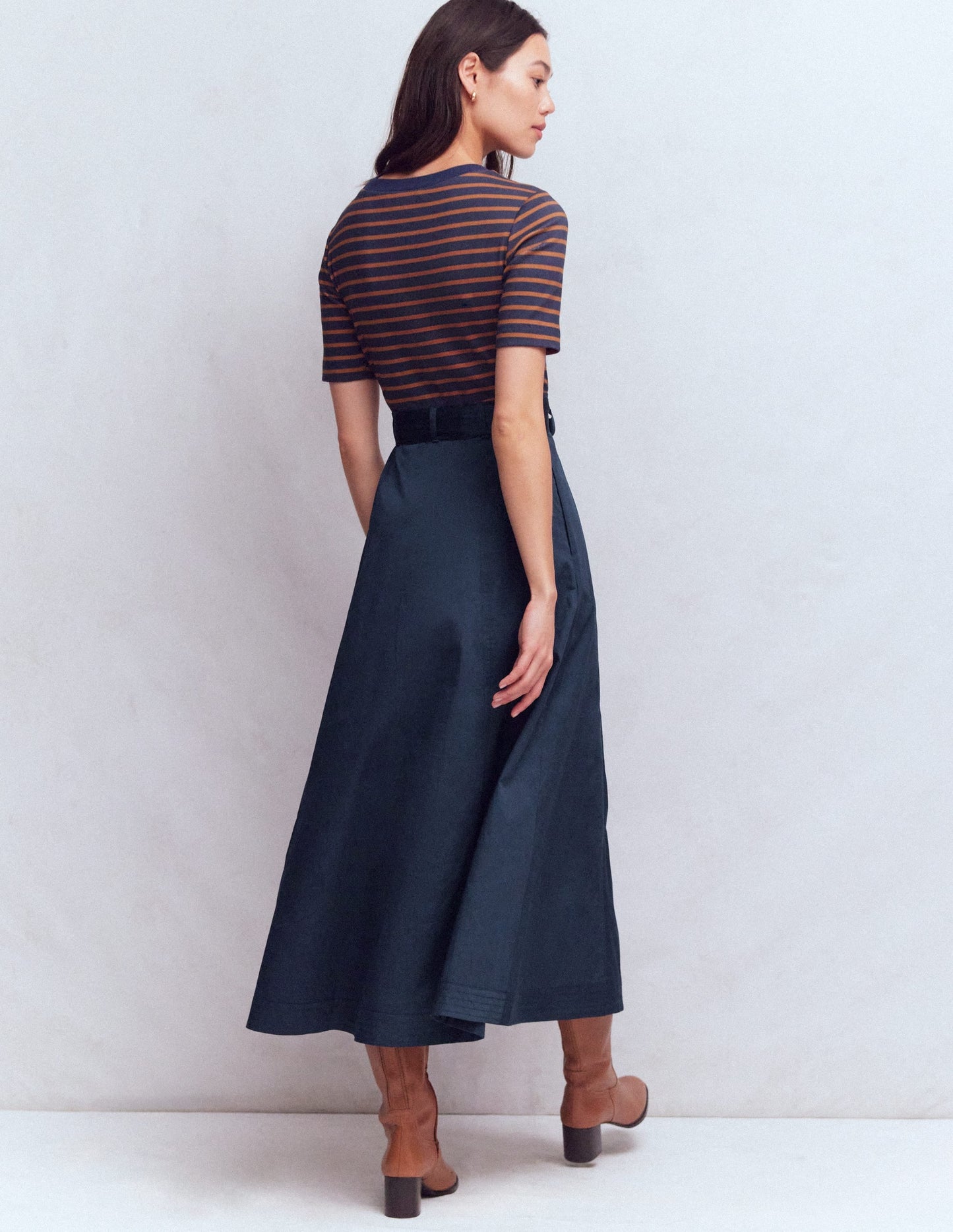 Crew Neck Mix Media Dress-Navy and Gingerbread Stripe