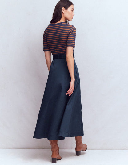 Crew Neck Mix Media Dress-Navy and Gingerbread Stripe