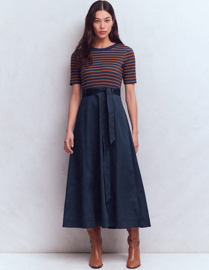 Crew Neck Mix Media Dress-Navy and Gingerbread Stripe