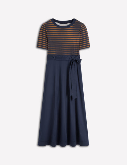 Crew Neck Mix Media Dress-Navy and Gingerbread Stripe