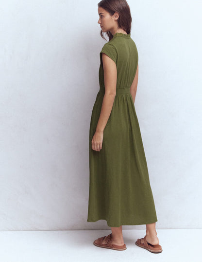 Alba Smocked Jersey Midi Dress-Olive