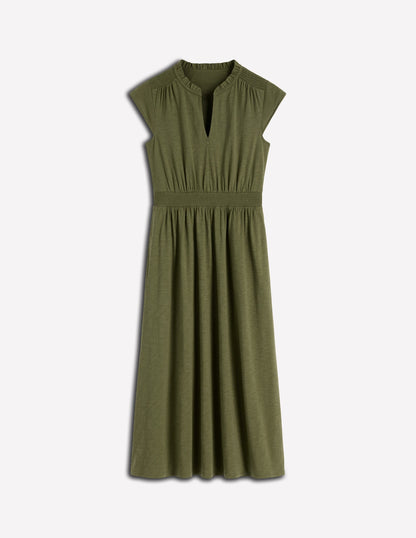 Alba Smocked Jersey Midi Dress-Olive