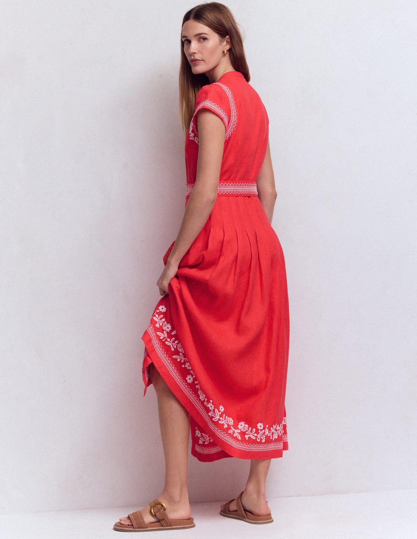 Arabella Linen Blend Dress-Red Embroidery