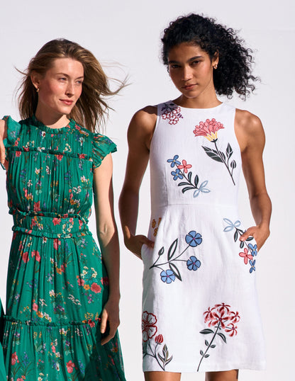 Occasion Short Linen Dress-White Embroidery