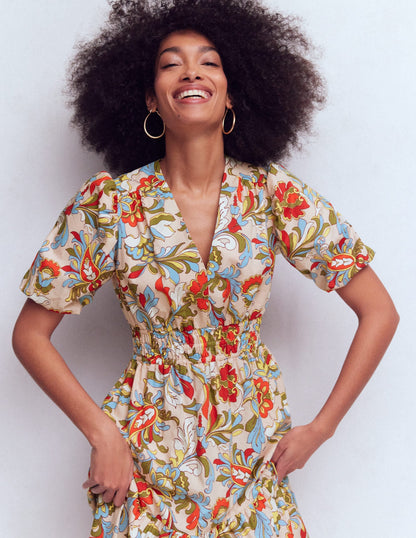 Irene Puff Sleeve Cotton Dress-Multi, Botanical Flourish