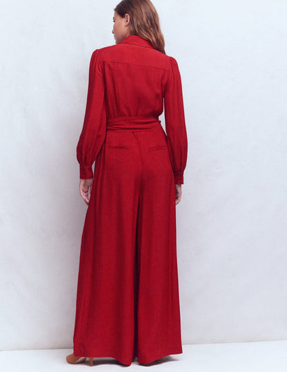 Button Up Palazzo Jumpsuit-Red