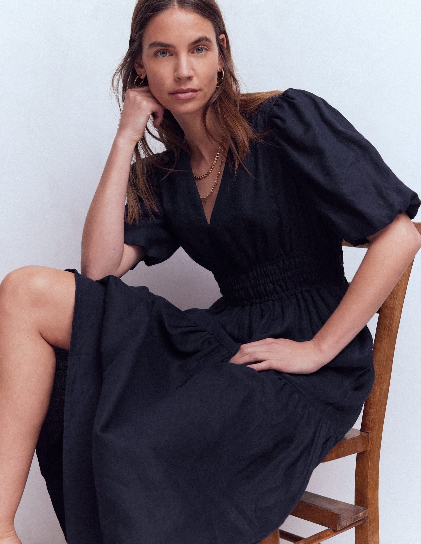 Irene Linen Midi Dress-Navy