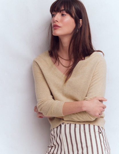 Eva Cashmere V-Neck Sweater-Chinchilla Melange
