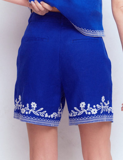 Belgravia Linen Shorts-Bright Blue Embroidery