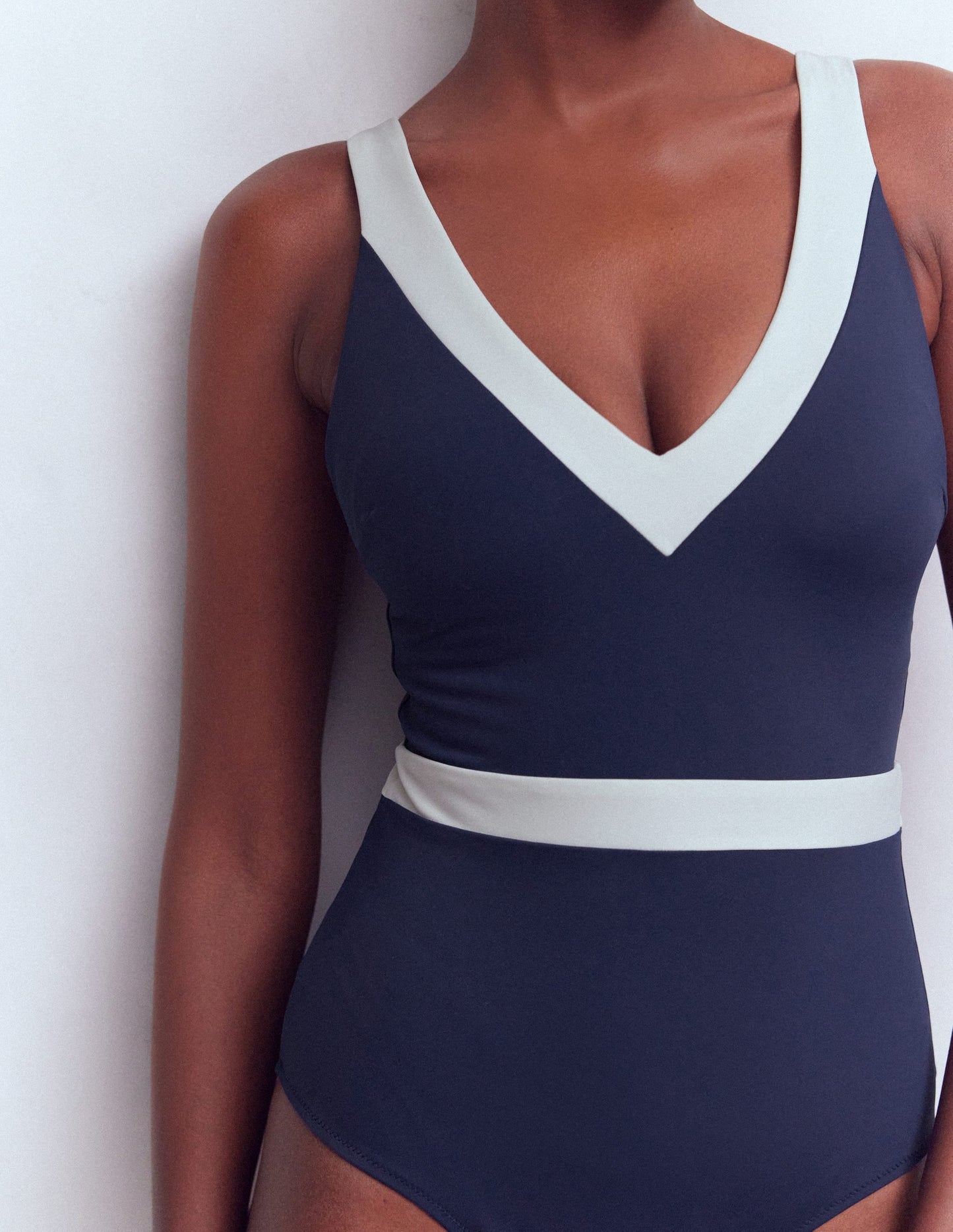 Campania Cross-back Swimsuit-Navy, Ivory Colourblock