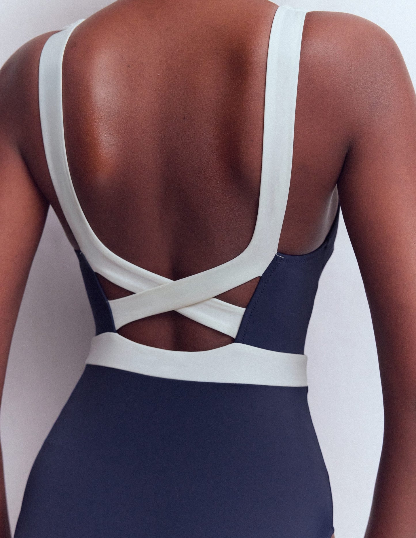 Campania Cross-back Swimsuit-Navy, Ivory Colourblock