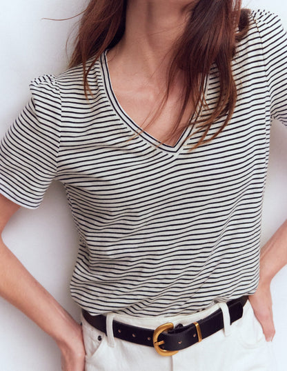 Sophie V-neck Slub T-shirt-Ivory, Navy Stripe