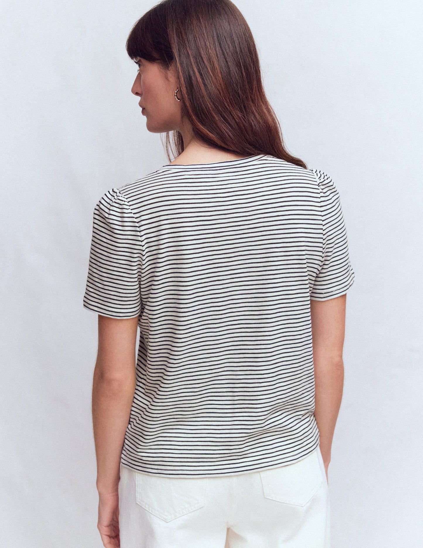 Sophie V-neck Slub T-shirt-Ivory, Navy Stripe