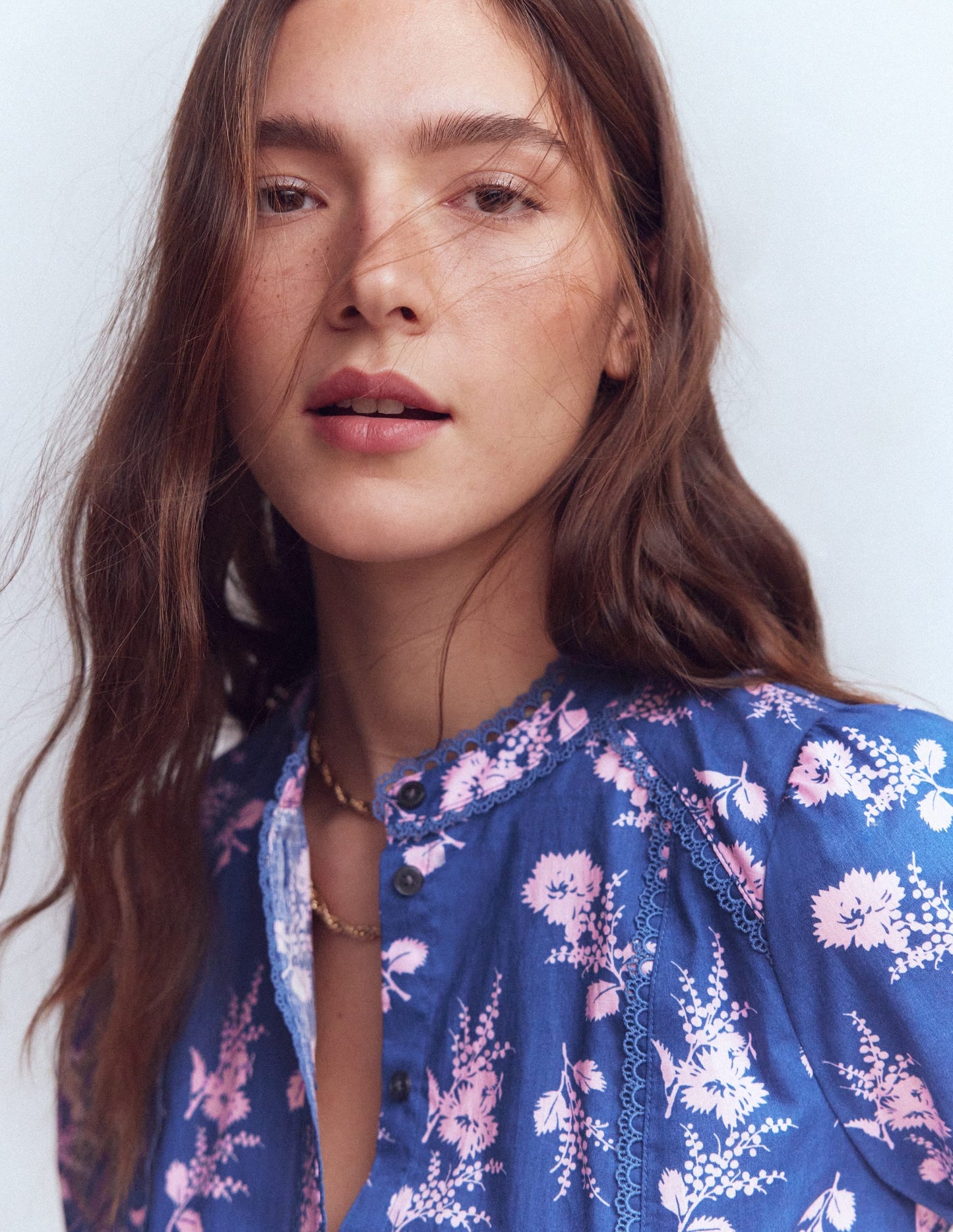 Rhea Trim  Insert Cotton Top-Blue, Blossomy Sprig