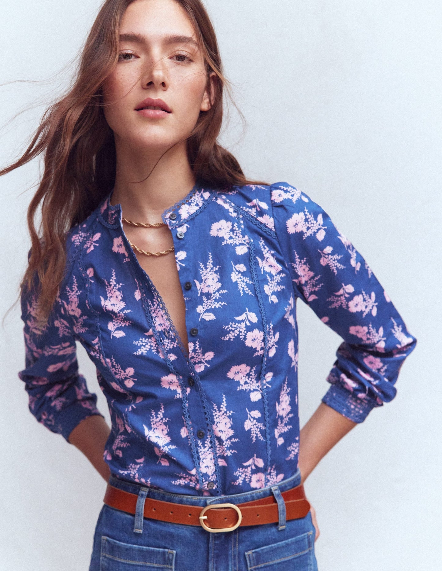 Rhea Trim  Insert Cotton Top-Blue, Blossomy Sprig