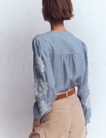 Embroidered Trim Interest Top-Chambray