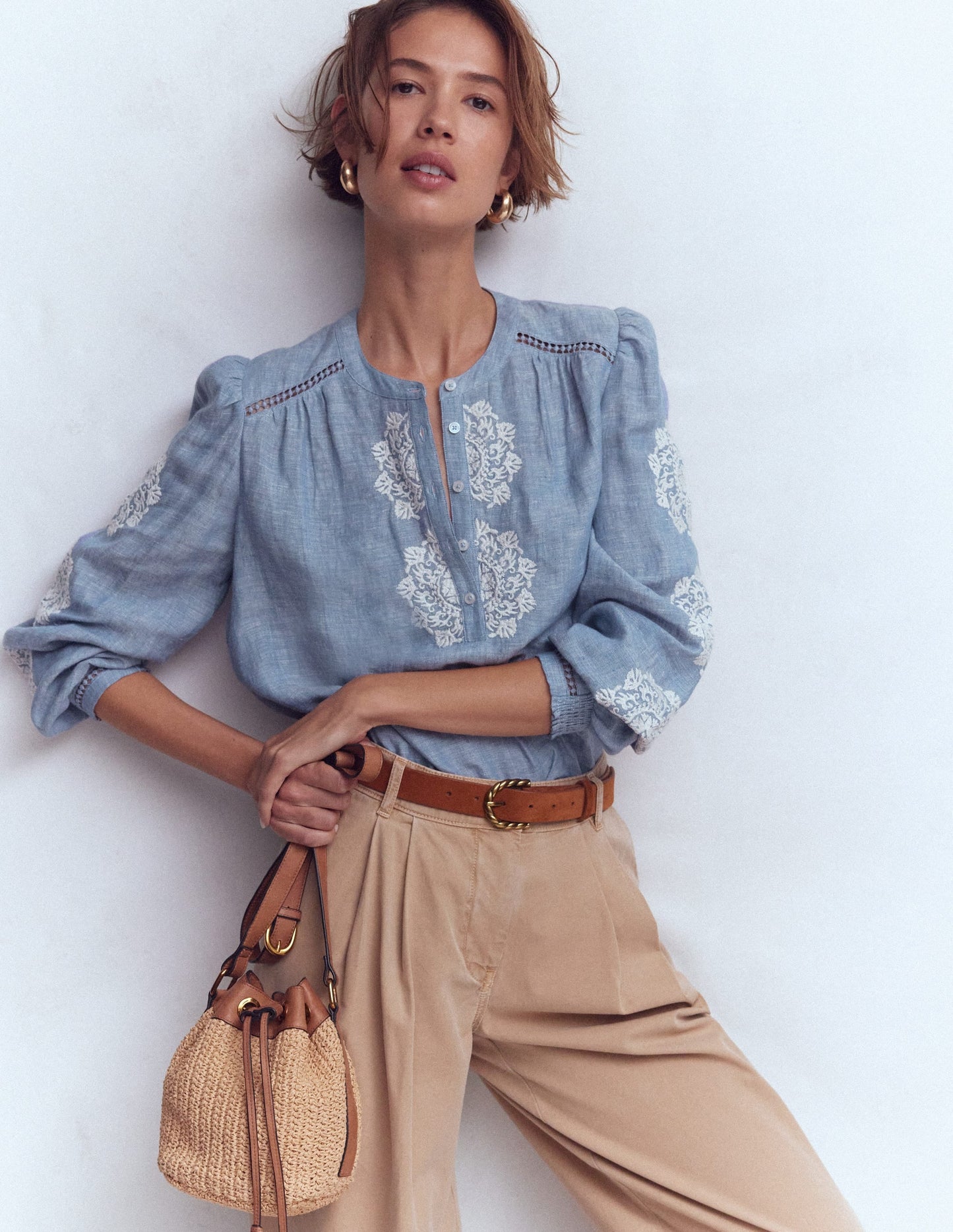 Embroidered Trim Interest Top-Chambray